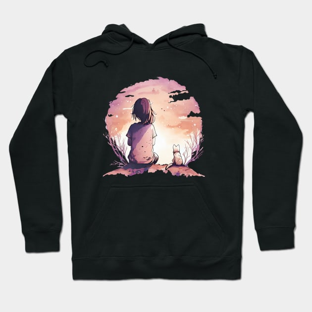 Girl and a cat watching the sky Hoodie by DexPixelArt